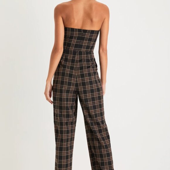 Lulus Sophisticated Mood Black Plaid Strapless Straight Leg Jumpsuit - Size XS - Picture 4 of 7
